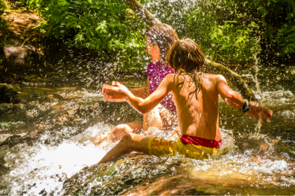 Children splashing in thermal river in forest, Kerosene Creek, Rotorua