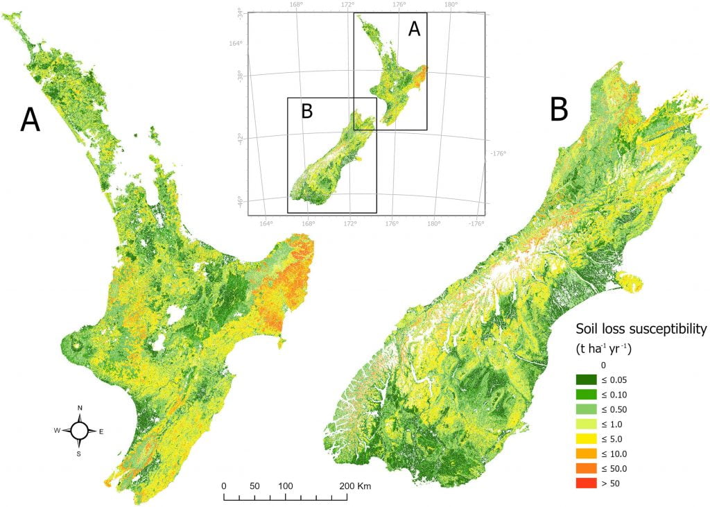 National map of modelled soil loss from surface erosion across Aotearoa, New Zealand. Rates reflect gross soil losses and do not account for sediment transport, redeposition, or the fate of such soil loss.