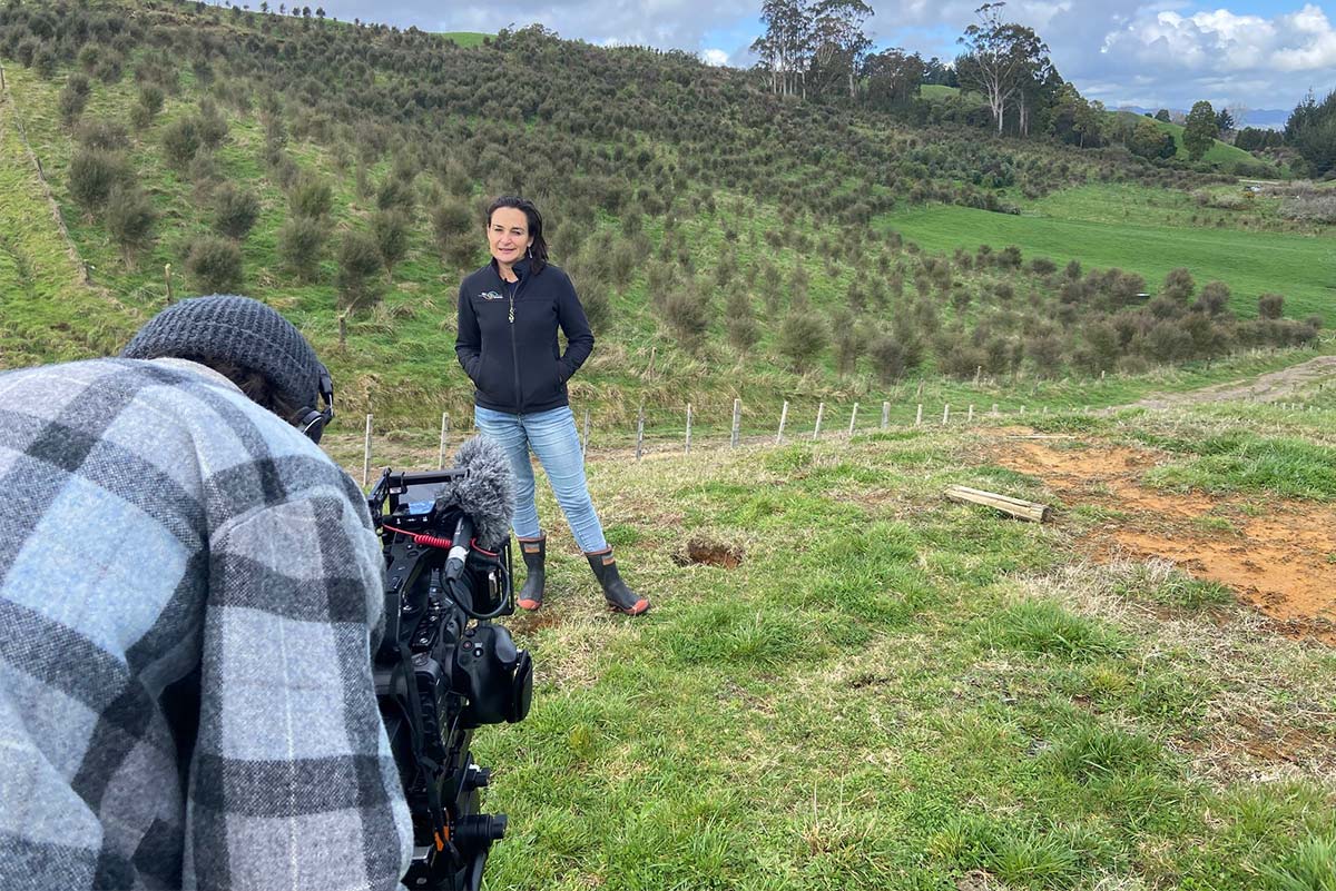 Timothy Firkin, videographer, films Alison Dewes, lead of the project Retiring Farmland Ngahere