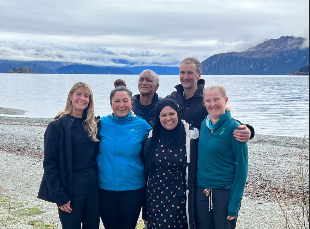 Rere ki Uta, Rere ki Tai team at the Revitalise Te Taiao wānanga in Wānaka. From left Alison Smith, Erina Barton Wehi, Ashna Khan, Heather Collins. Back row Taonui Campbell, Nick Collins