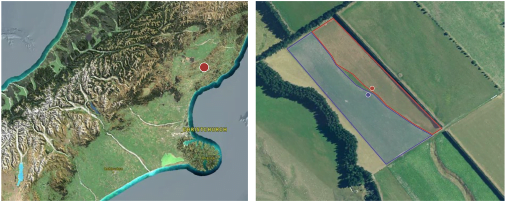 Figure 1: (left) Location of the study – red dot shows location; and (right) Paddock treatments – purple is strip-till and red is conventional till (dots depict the location of the plots)